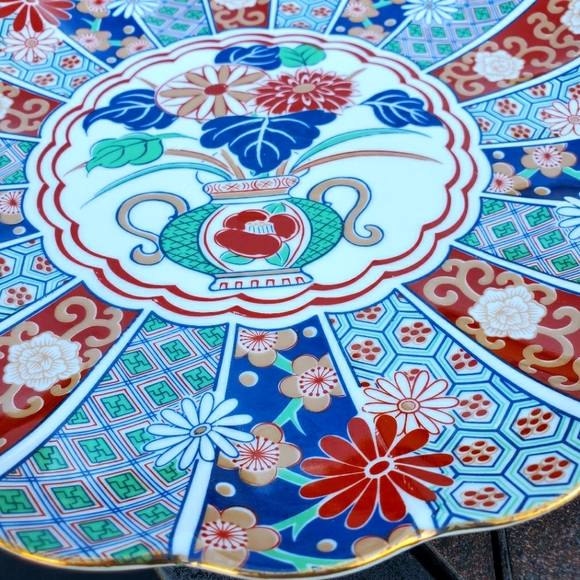 Arita Imari Fan Design Chip and Dip Set / Scalloped Tray & Bowl / Mid Century - Picture 6 of 6